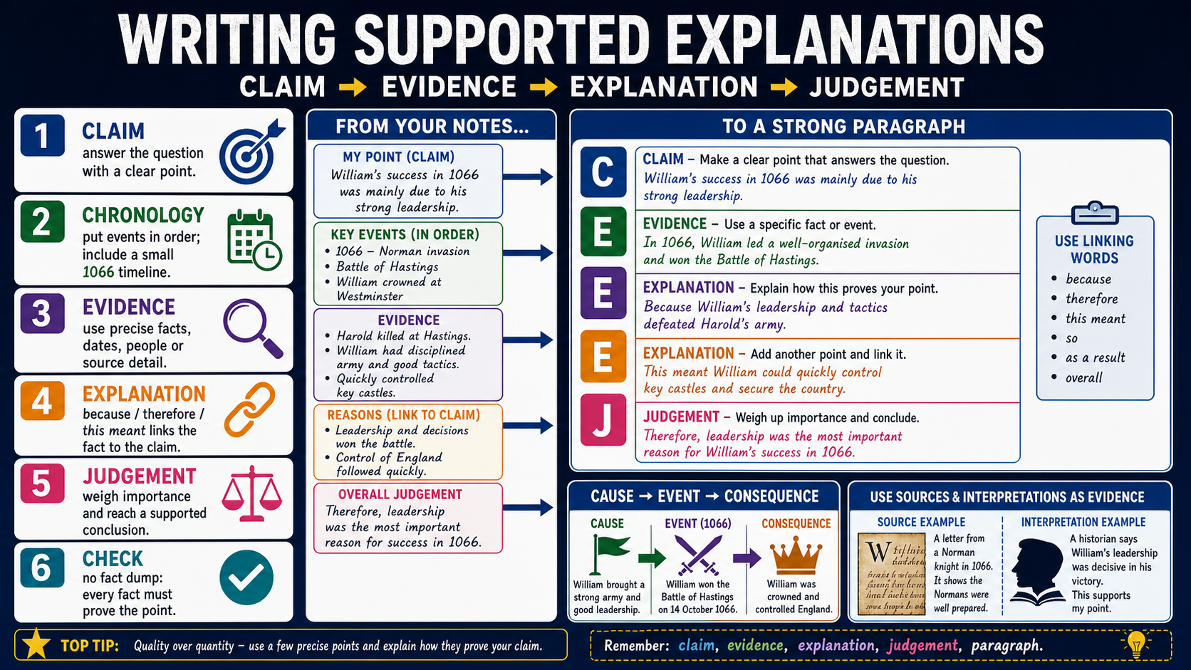 Infographic explaining how to write supported GCSE History explanations, including claims, chronology, evidence, explanation, judgement, paragraph structure and a 1066 timeline cue.
