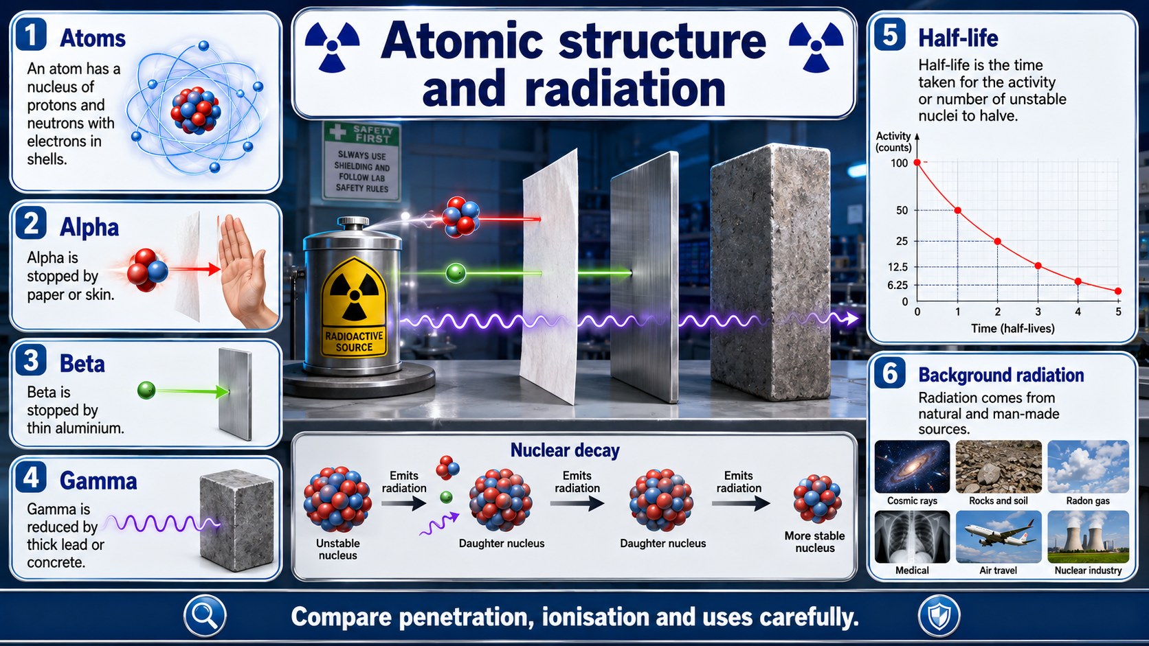 Infographic explaining atomic structure and radiation, including nuclei, alpha, beta and gamma radiation, half-life and safety.