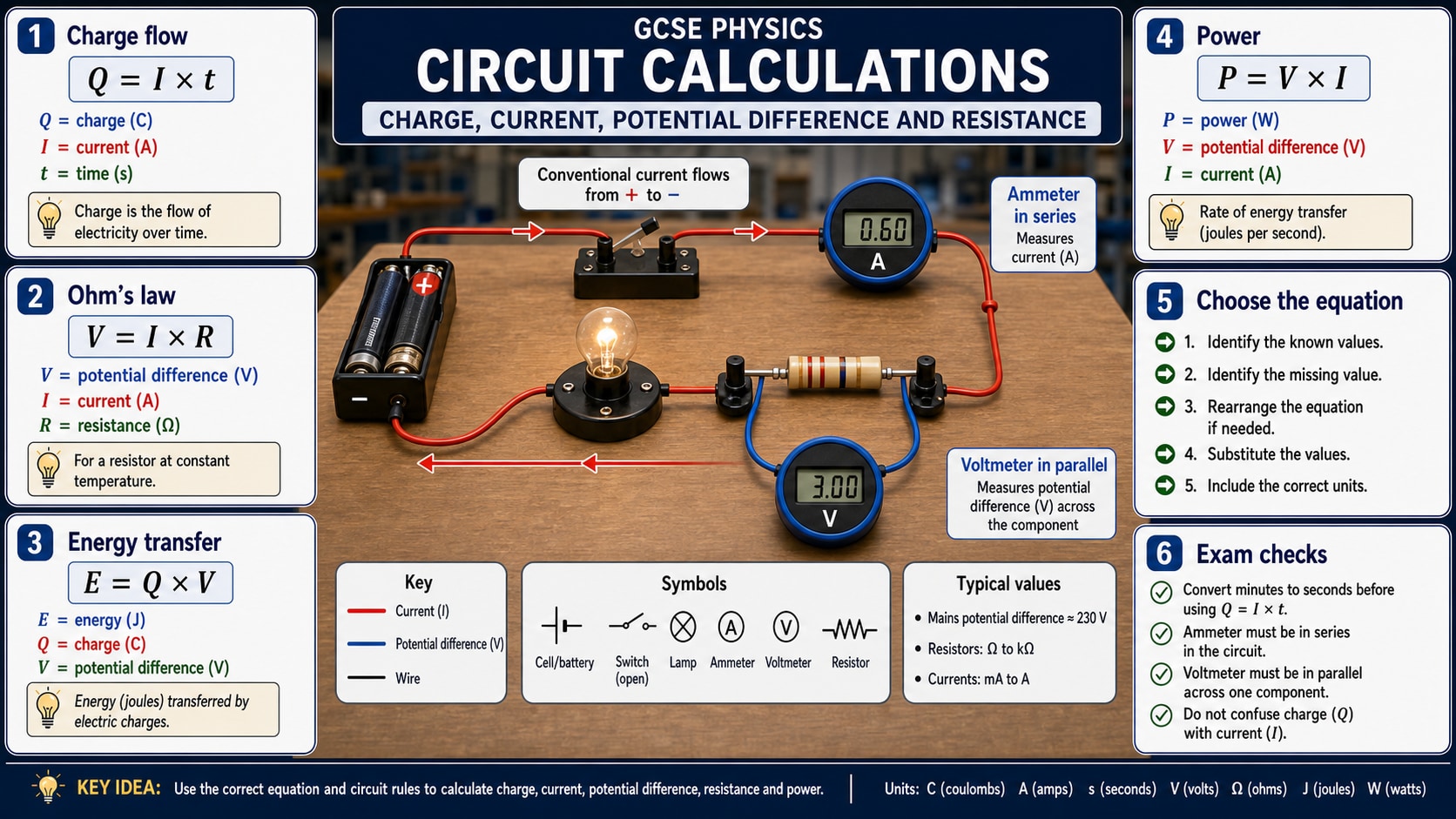 Infographic explaining GCSE Physics circuit calculations, including charge flow, current, time, potential difference, resistance, energy transfer, power, ammeter and voltmeter placement.