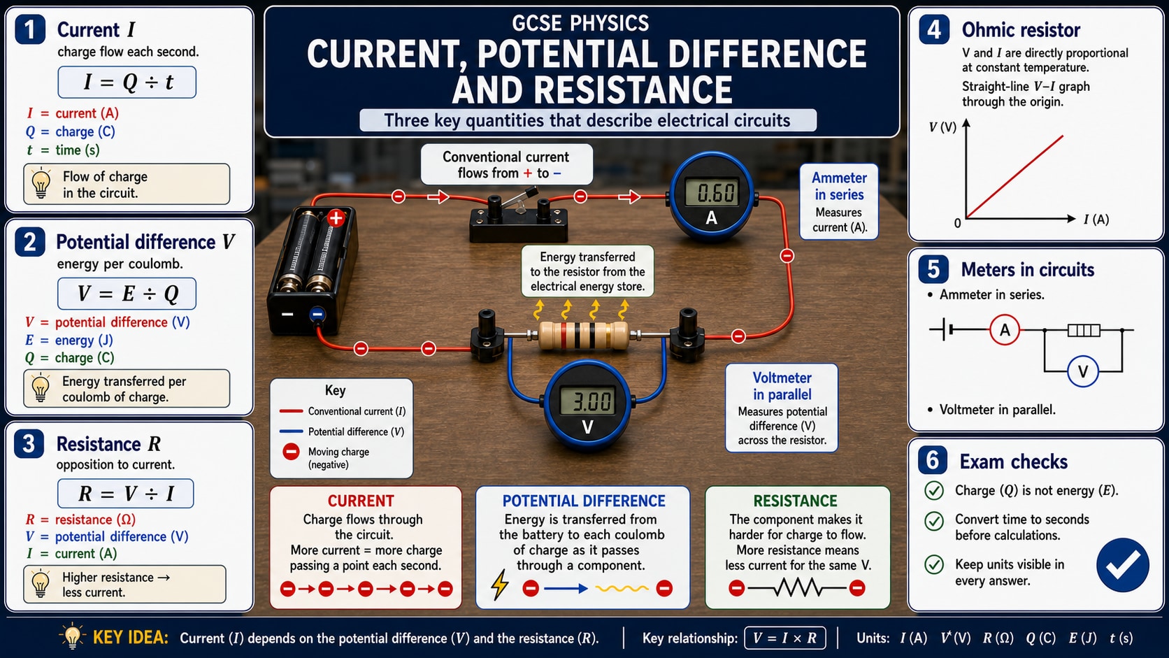 Infographic explaining GCSE Physics current, potential difference and resistance, including current as charge flow, potential difference as energy per coulomb, resistance, Ohm's law and correct meter placement.