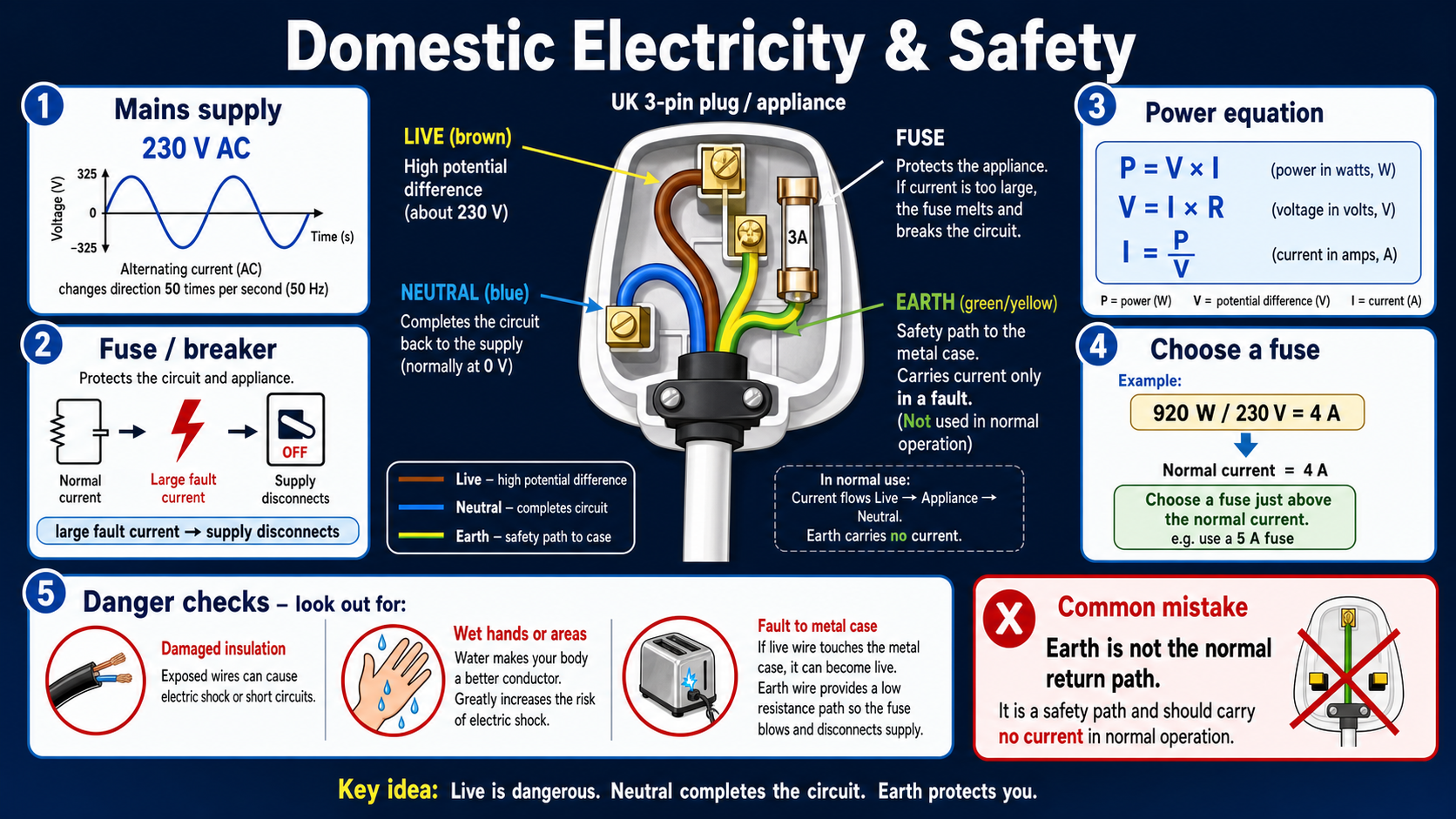 Infographic explaining GCSE Physics domestic electricity and safety, including UK mains supply, live, neutral and earth wires, fuse or breaker protection, the power equation and common electrical safety hazards.