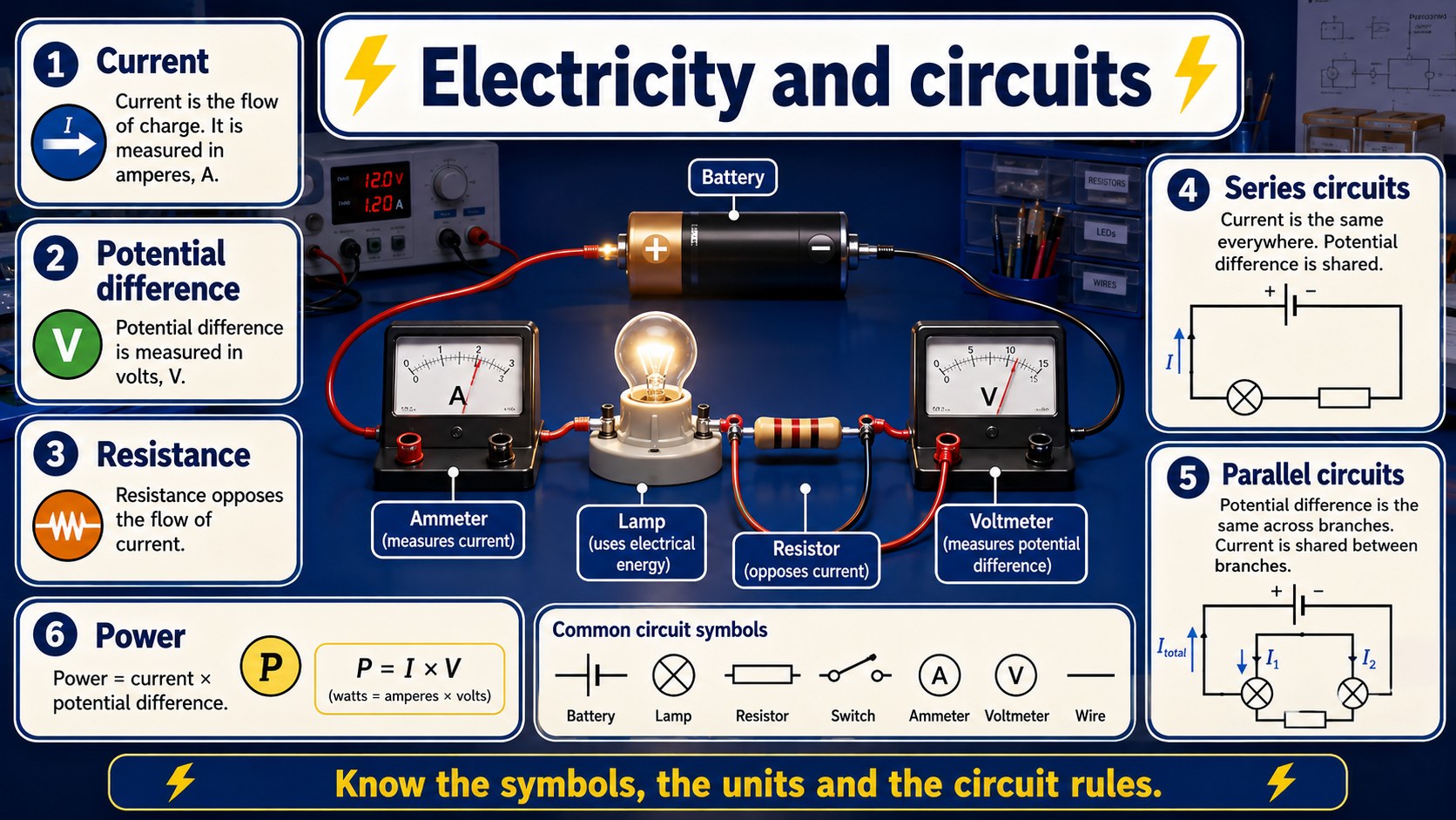 Infographic explaining electricity and circuits, including charge, current, potential difference, resistance, components and series or parallel links.