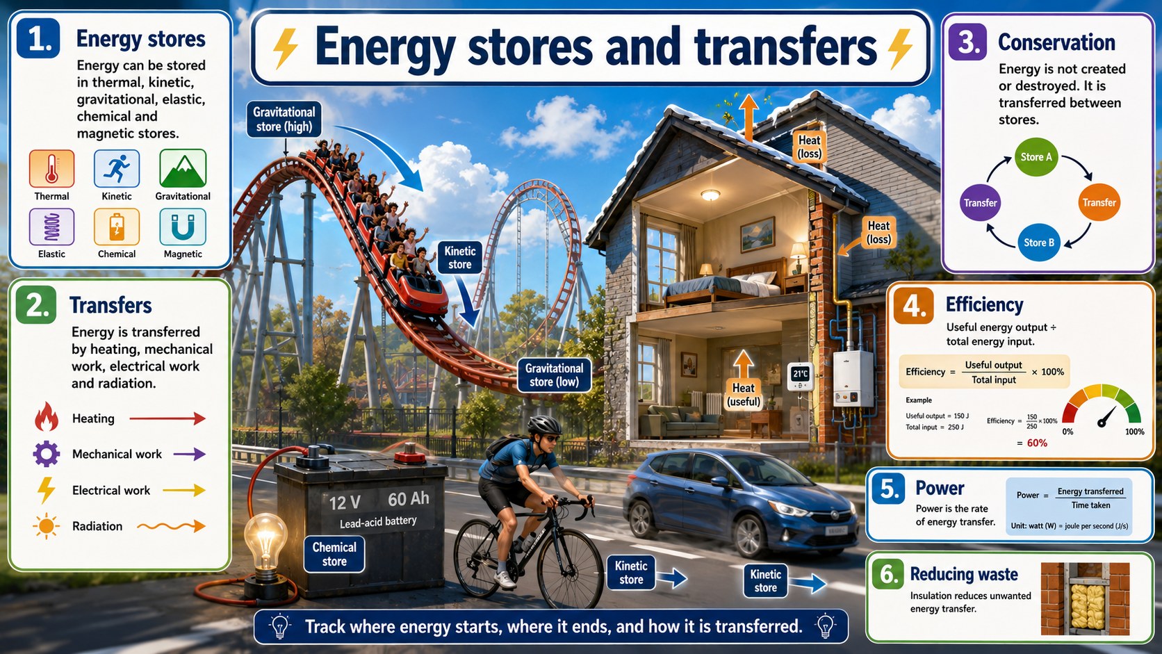 Infographic explaining energy stores and transfers, including transfer pathways, conservation, dissipation and useful energy.