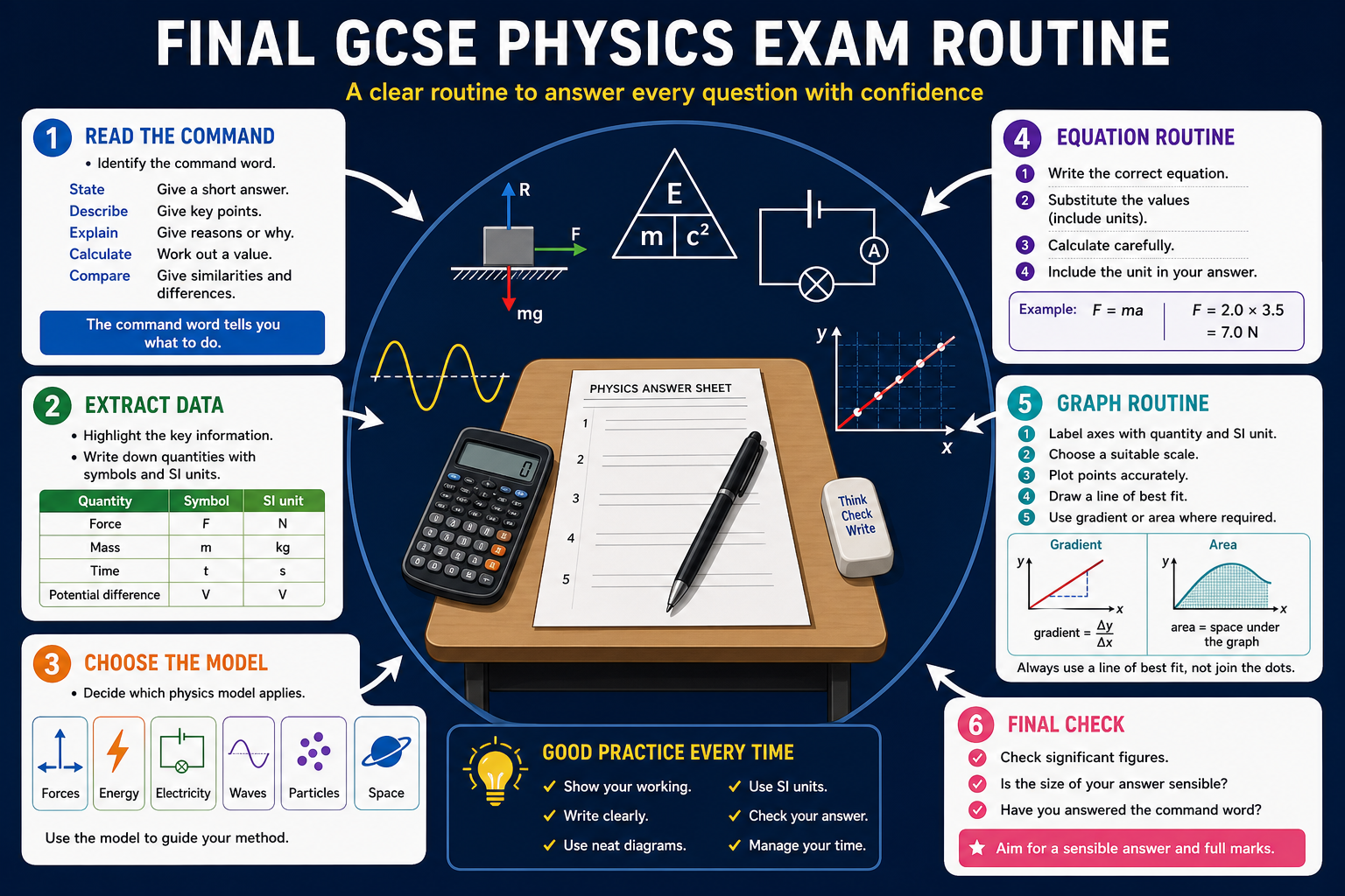 Infographic explaining a final GCSE Physics exam routine, including command words, data extraction, model choice, equation steps, graph checks and final answer checks.