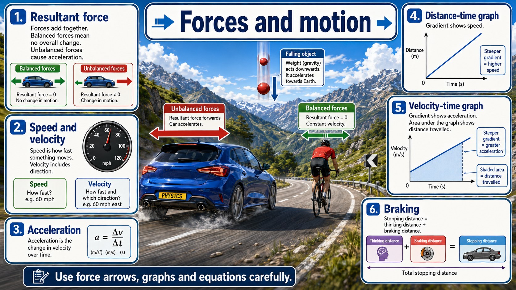 Infographic explaining GCSE Physics forces and motion, including resultant force, acceleration, motion graphs and everyday force examples.