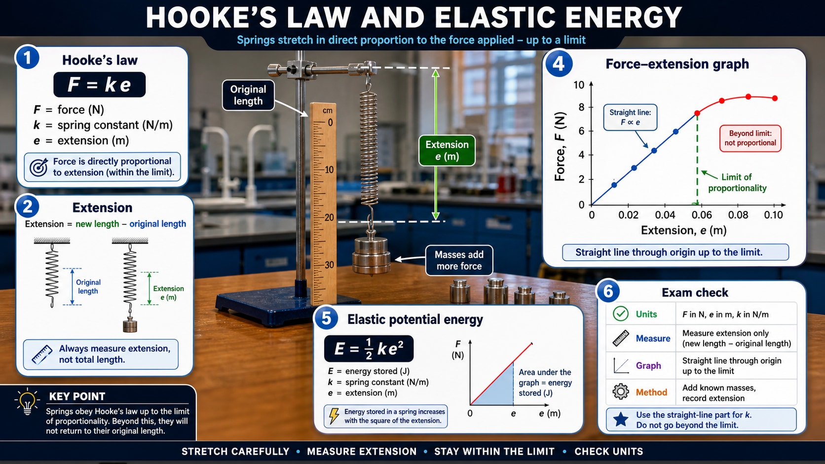 Infographic explaining GCSE Physics Hooke's law and elastic energy, including force equals spring constant times extension, measuring extension, the limit of proportionality, a force-extension graph and elastic potential energy.