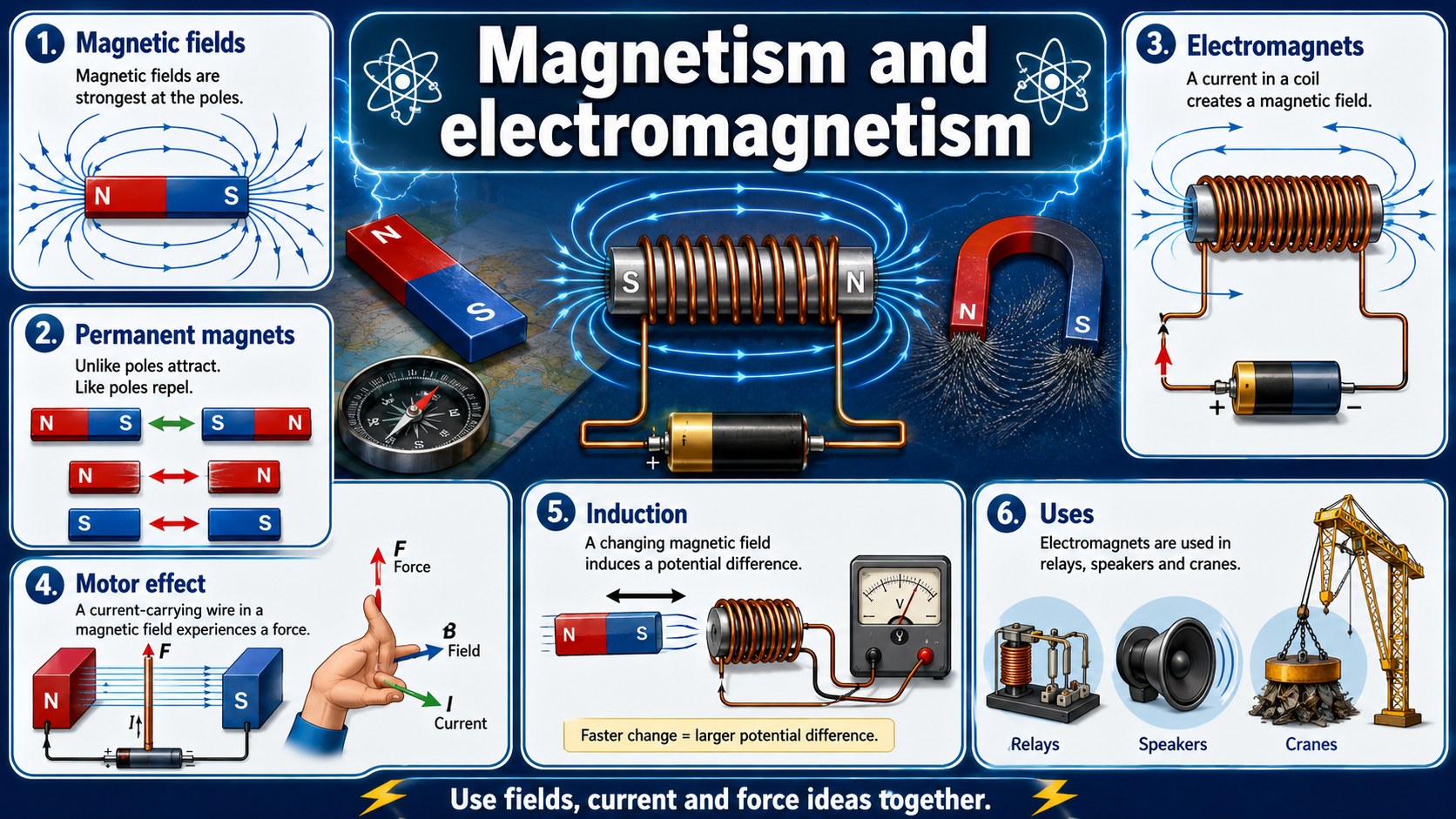 Infographic explaining magnetism and electromagnetism, including magnetic fields, electromagnets, motor effect and generator links.