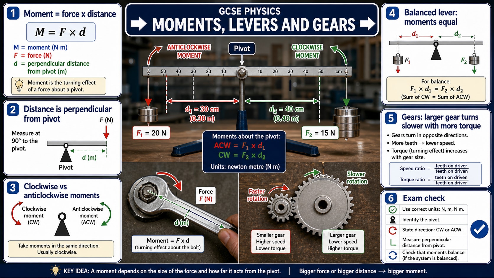 Infographic explaining GCSE Physics moments, levers and gears, including moment equals force times distance, perpendicular distance from pivot, clockwise and anticlockwise moments, balanced levers and gear torque.