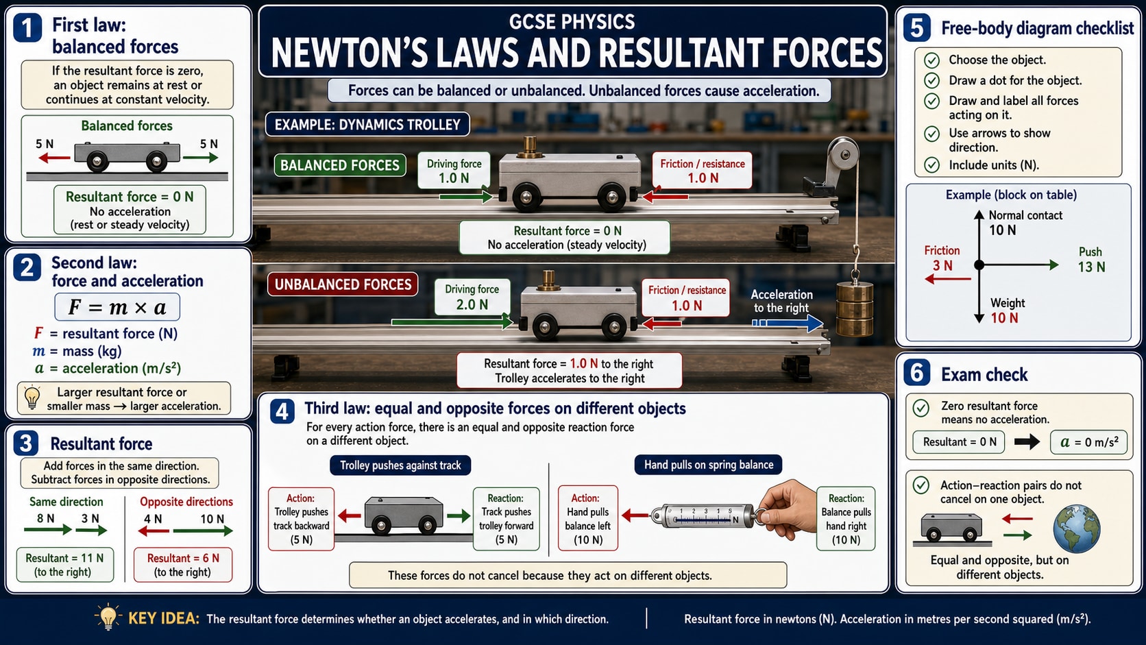 Infographic explaining GCSE Physics Newton's laws and resultant forces, including balanced forces, force equals mass times acceleration, resultant force calculations, free-body diagrams and action-reaction force pairs.