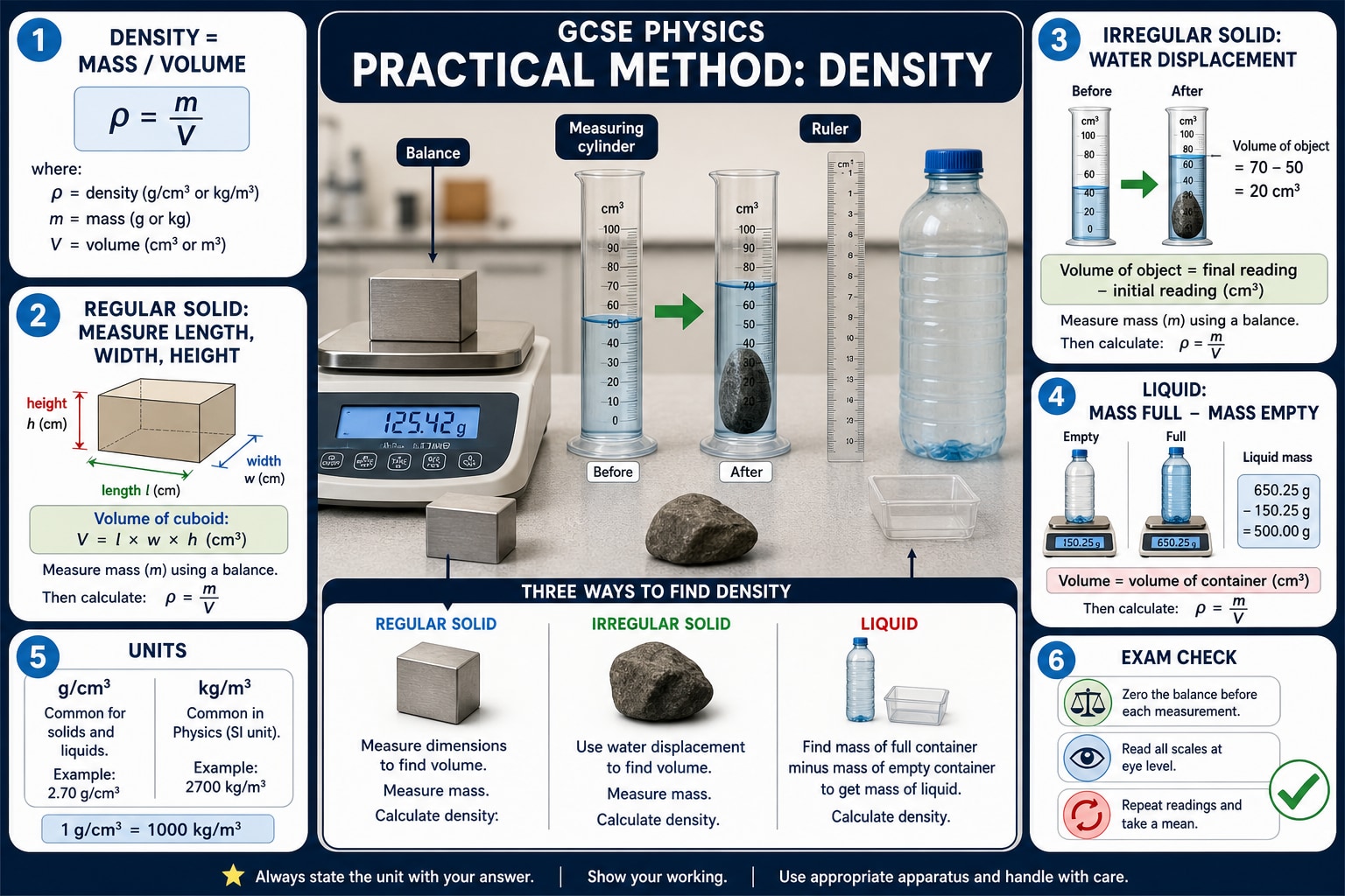 Infographic explaining the GCSE Physics density practical, including density equals mass over volume, regular solid dimensions, irregular solid water displacement, liquid mass difference, units and exam checks.