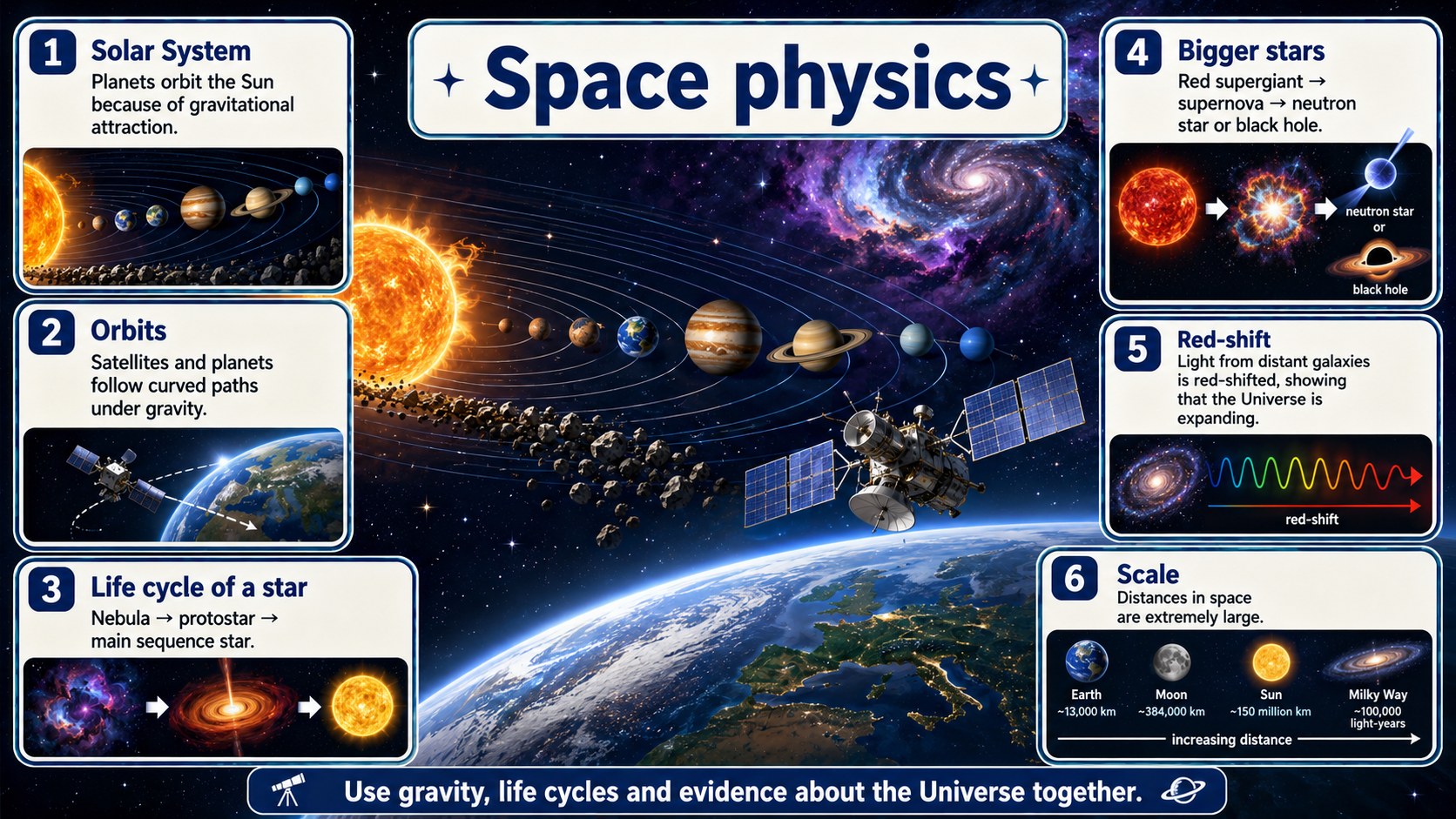 Infographic explaining GCSE Space Physics, including the Solar System, orbits, stars, red-shift and Big Bang evidence.