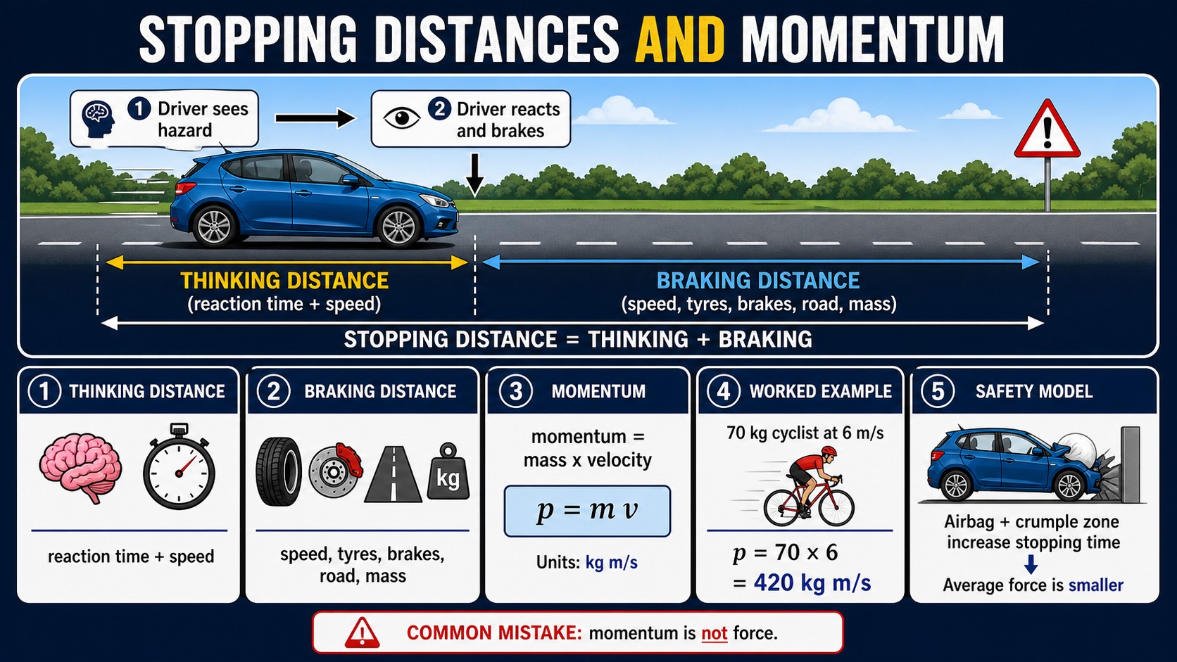 Infographic explaining GCSE Physics stopping distances and momentum, including thinking distance, braking distance, momentum equals mass times velocity, units and safety features that increase stopping time.