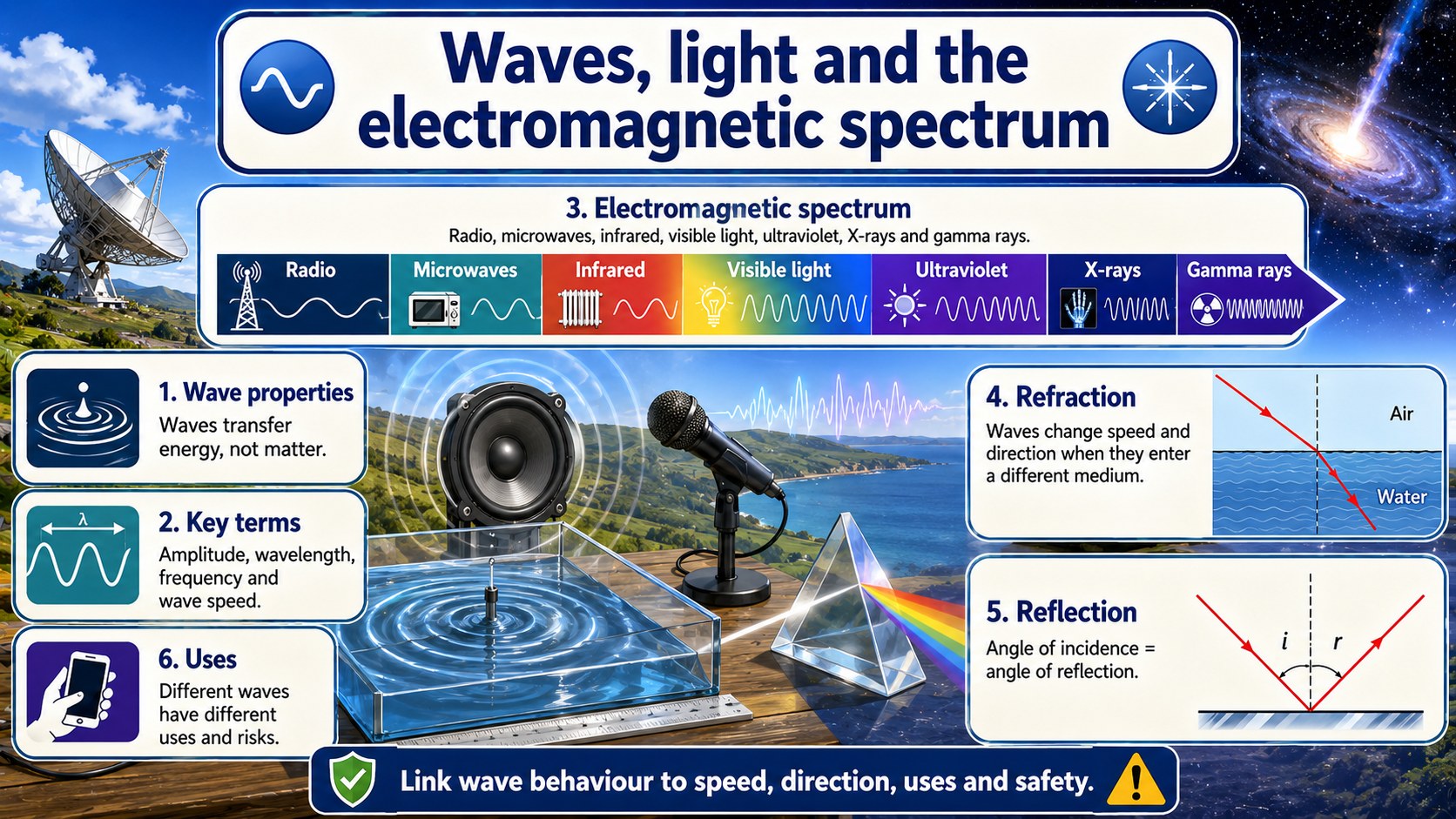 Infographic explaining waves, light and the electromagnetic spectrum, including wavelength, frequency, transverse waves, uses and hazards.