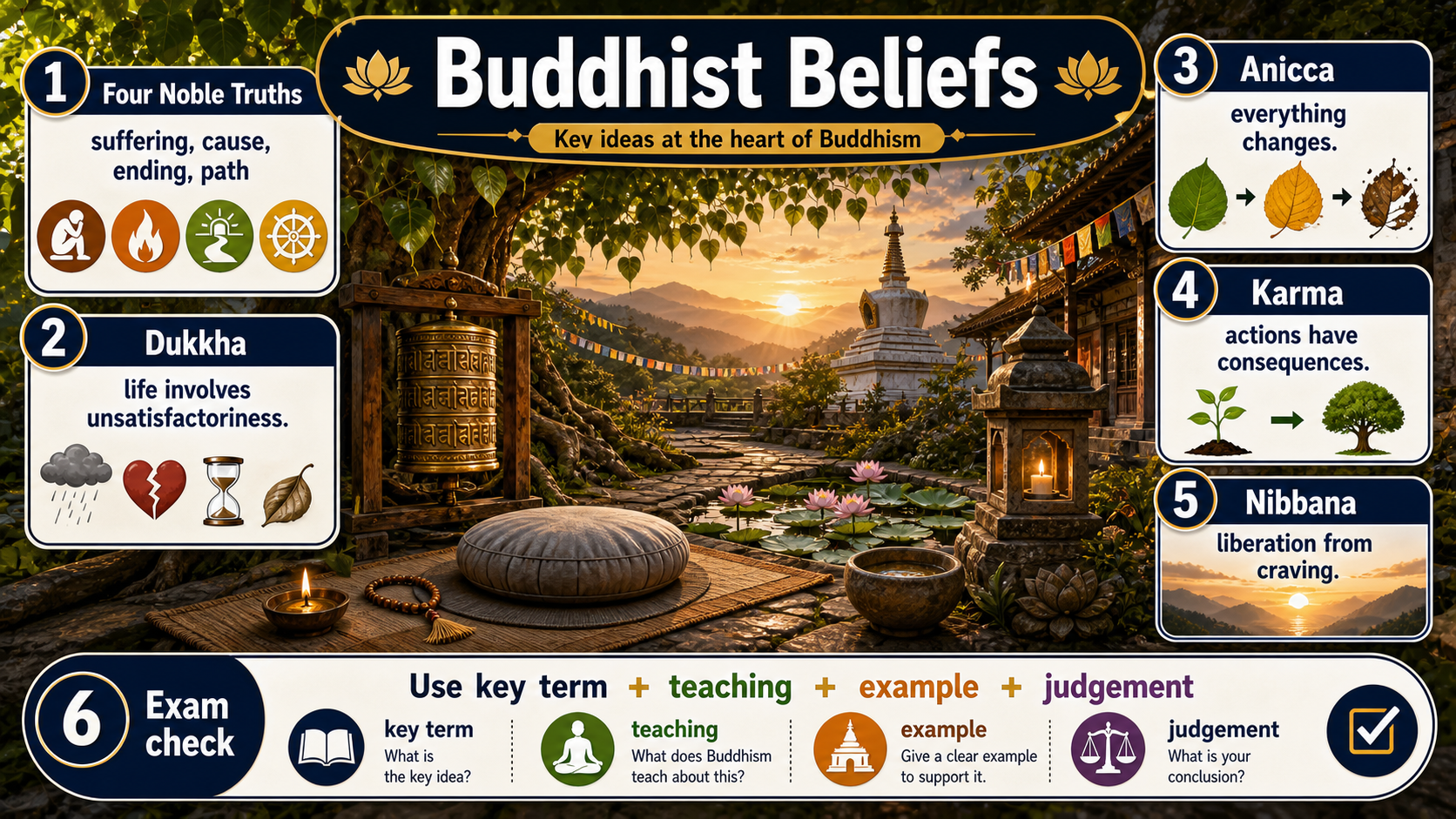 Infographic explaining Buddhist beliefs about suffering, impermanence and enlightenment, including dukkha, anicca, anatta, karma, nibbana and a respectful belief-practice-evidence-evaluation route.
