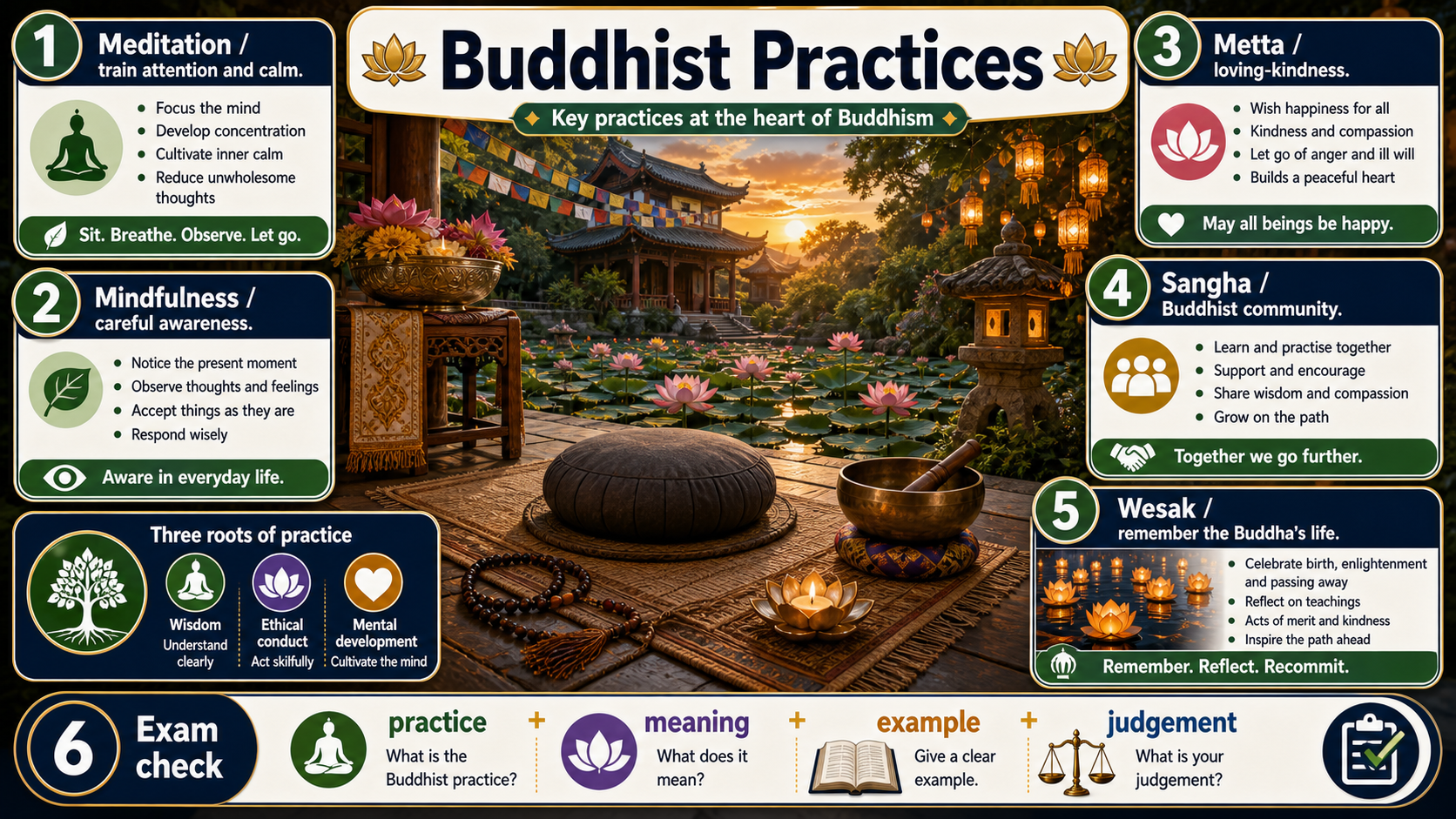 Infographic explaining Buddhist meditation, compassion and community, including meditation, mindfulness, metta, Sangha, Wesak and a respectful belief-practice-evidence-evaluation route.