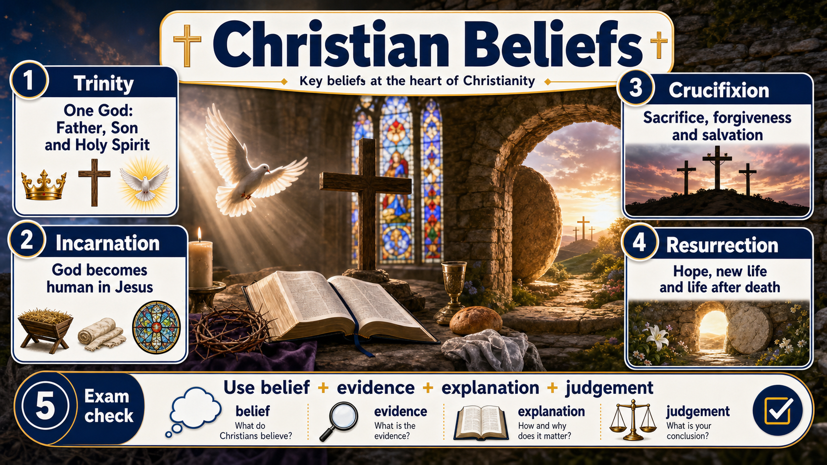 Infographic explaining Christian beliefs about God, Jesus and salvation, including Trinity, incarnation, crucifixion, resurrection, salvation and a respectful belief-practice-evidence-evaluation route.