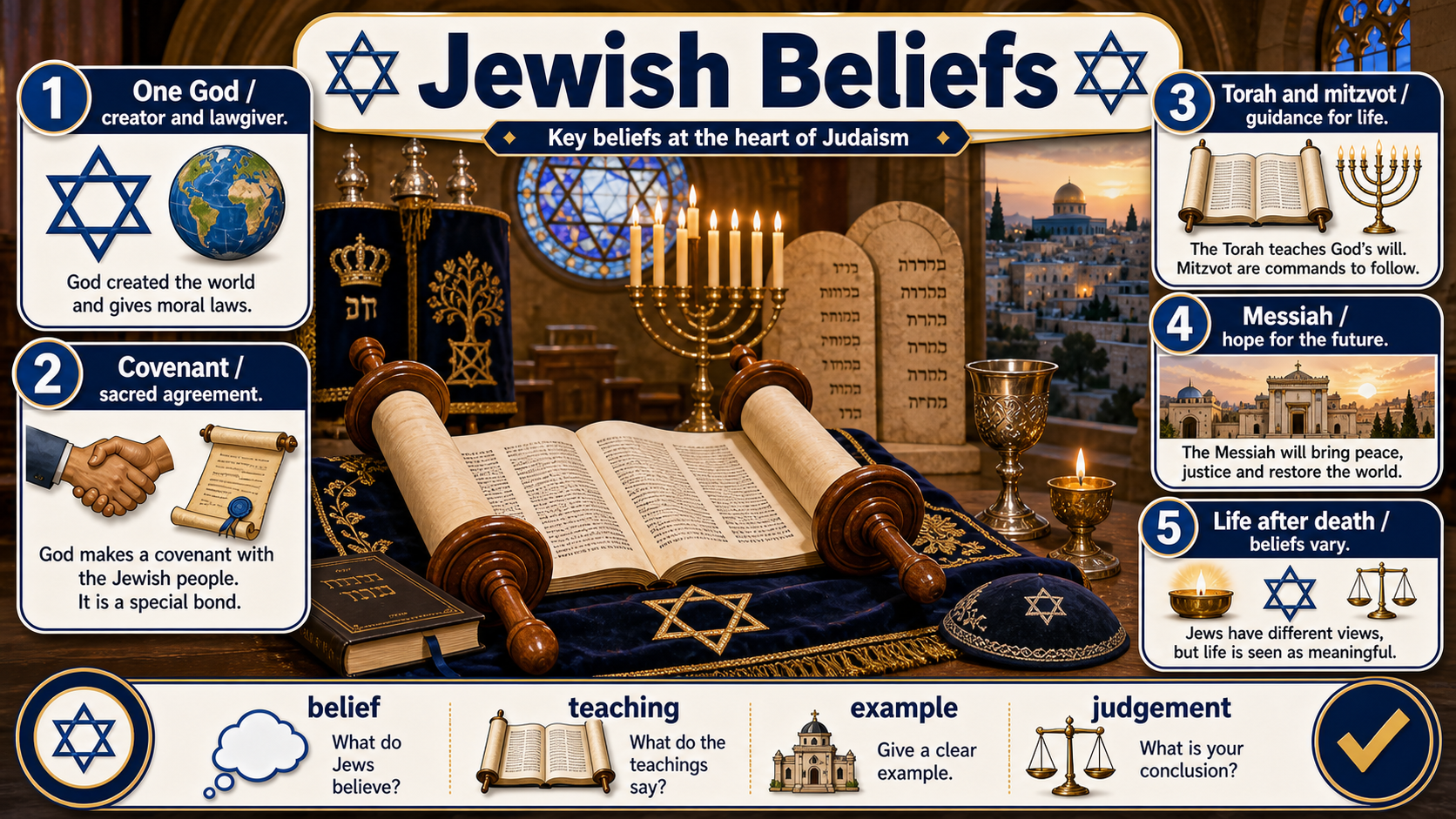 Infographic explaining Jewish beliefs about covenant, mitzvot and Messiah, including covenant, mitzvot, Messiah, Torah, Shekhinah and a respectful belief-practice-evidence-evaluation route.
