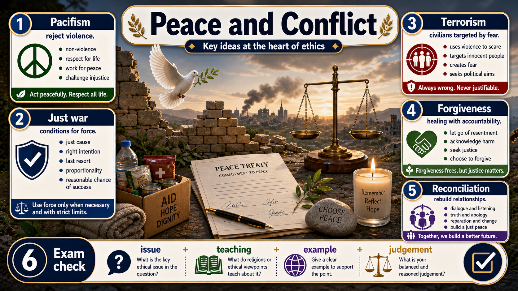 Infographic explaining Peace, conflict, war and forgiveness, including pacifism, just war, forgiveness, reconciliation, terrorism and a respectful belief-practice-evidence-evaluation route.