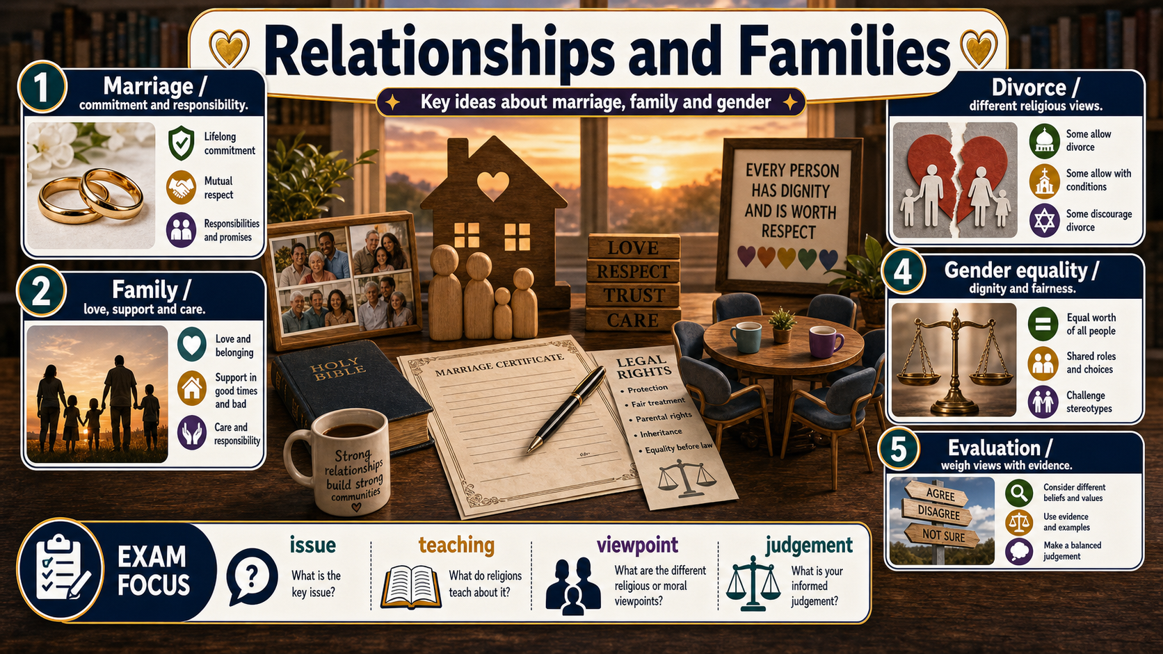 Infographic explaining Relationships, families, marriage and gender, including marriage, family, divorce, sexuality, gender equality and a respectful belief-practice-evidence-evaluation route.